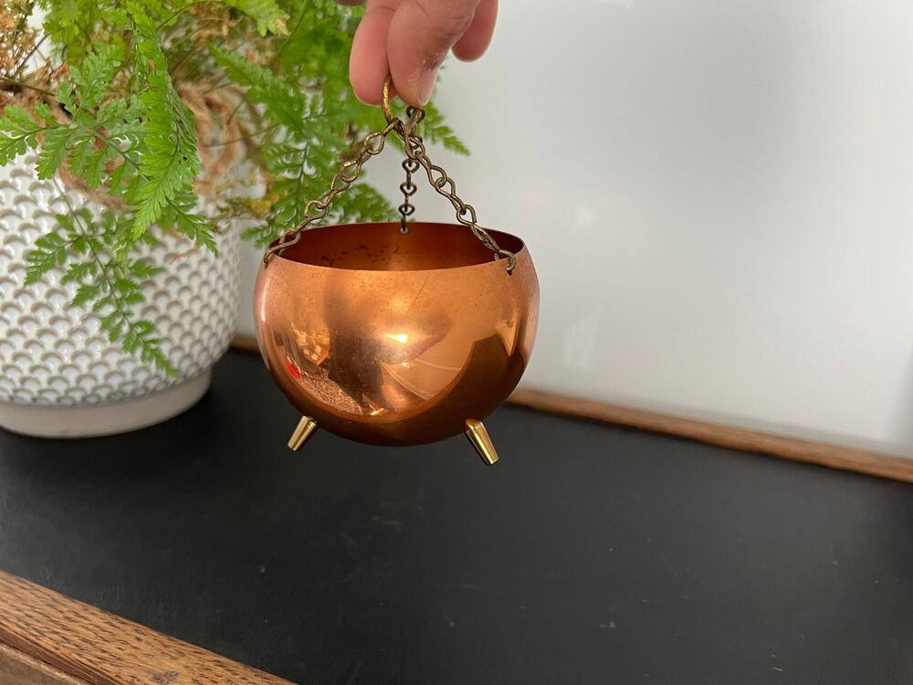 Vintage Copper Hanging Pail Planter Brass Feet Farmhouse Country French